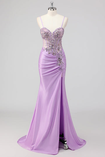 Purple Mermaid Spaghetti Straps Corset Sequin Long Prom Dress with Slit